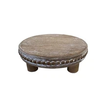 Farmhouse Beaded Wood Pedestal Tray Decor, 7.6” Round Vintage Display Stan