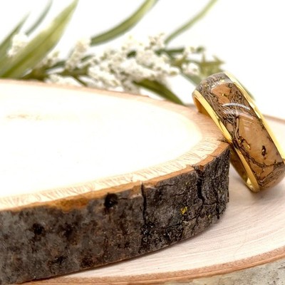 Unisex Wood Inlay Polished Christmas Gifts Ring 8mm Gold Tungsten Engraved Band