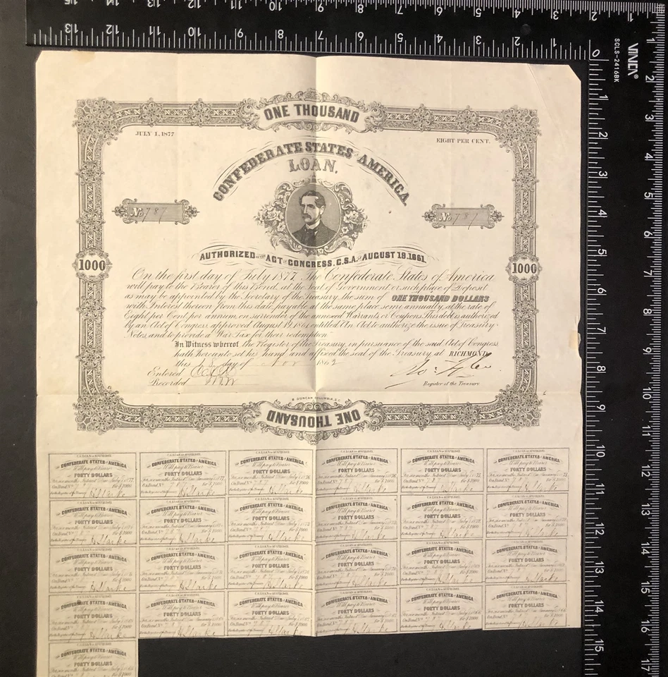 Confederate States of America Currency: Four $1000 Loan Bonds; With Coupons - Image 4 of 4
