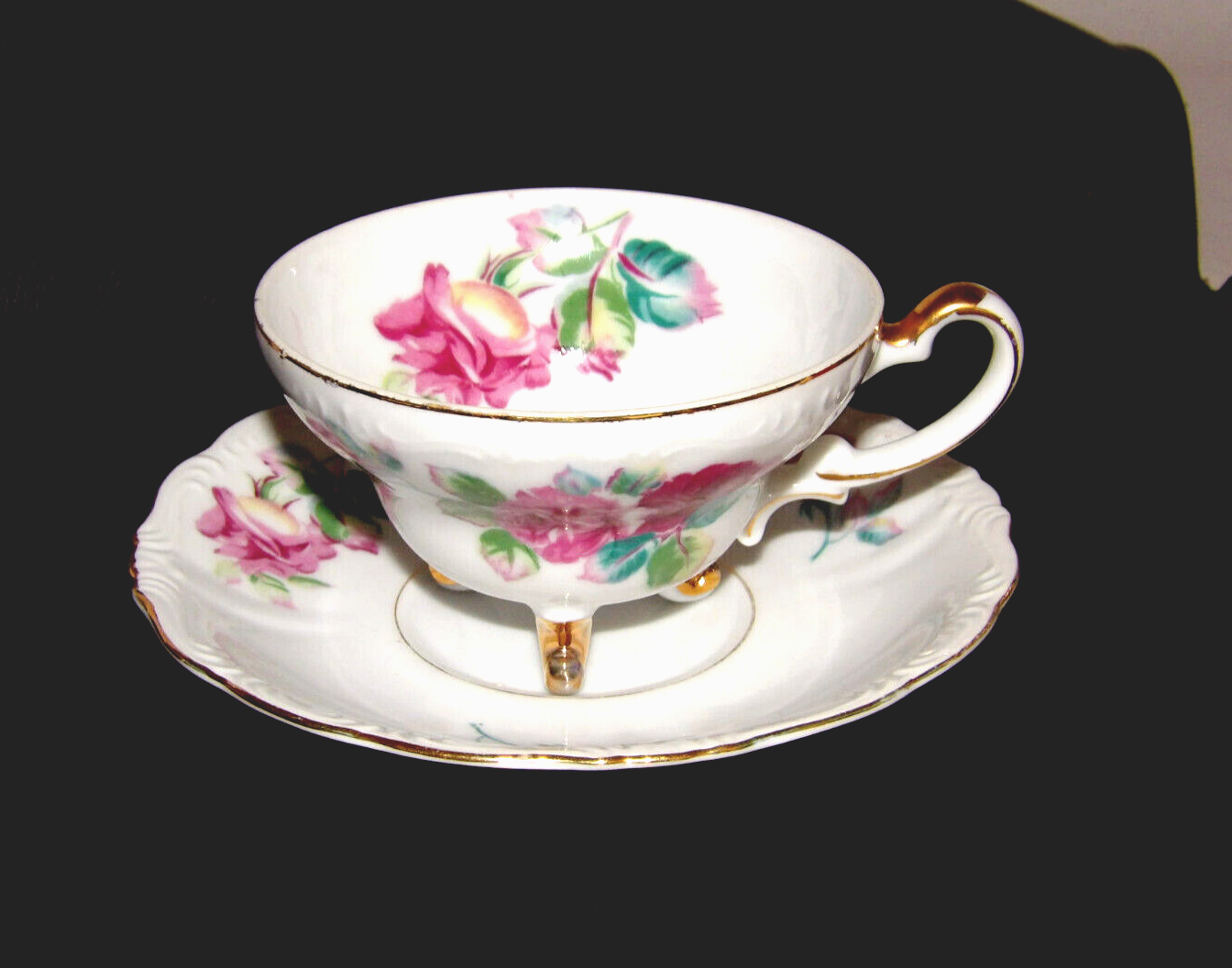 UCAGCO China 3 Leg Tea Cup and Saucer Set Pink Flower Roses Gold Trim