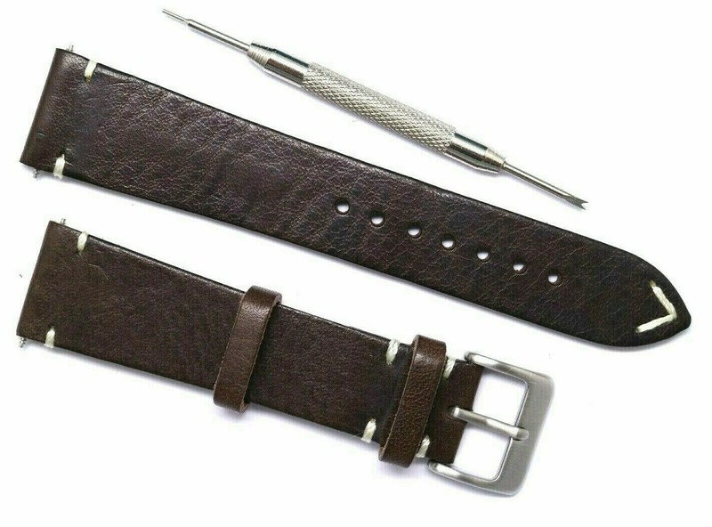 21mm Brown/White Leather Classic Style Watch Strap W/ Spring Bar Remover Tool