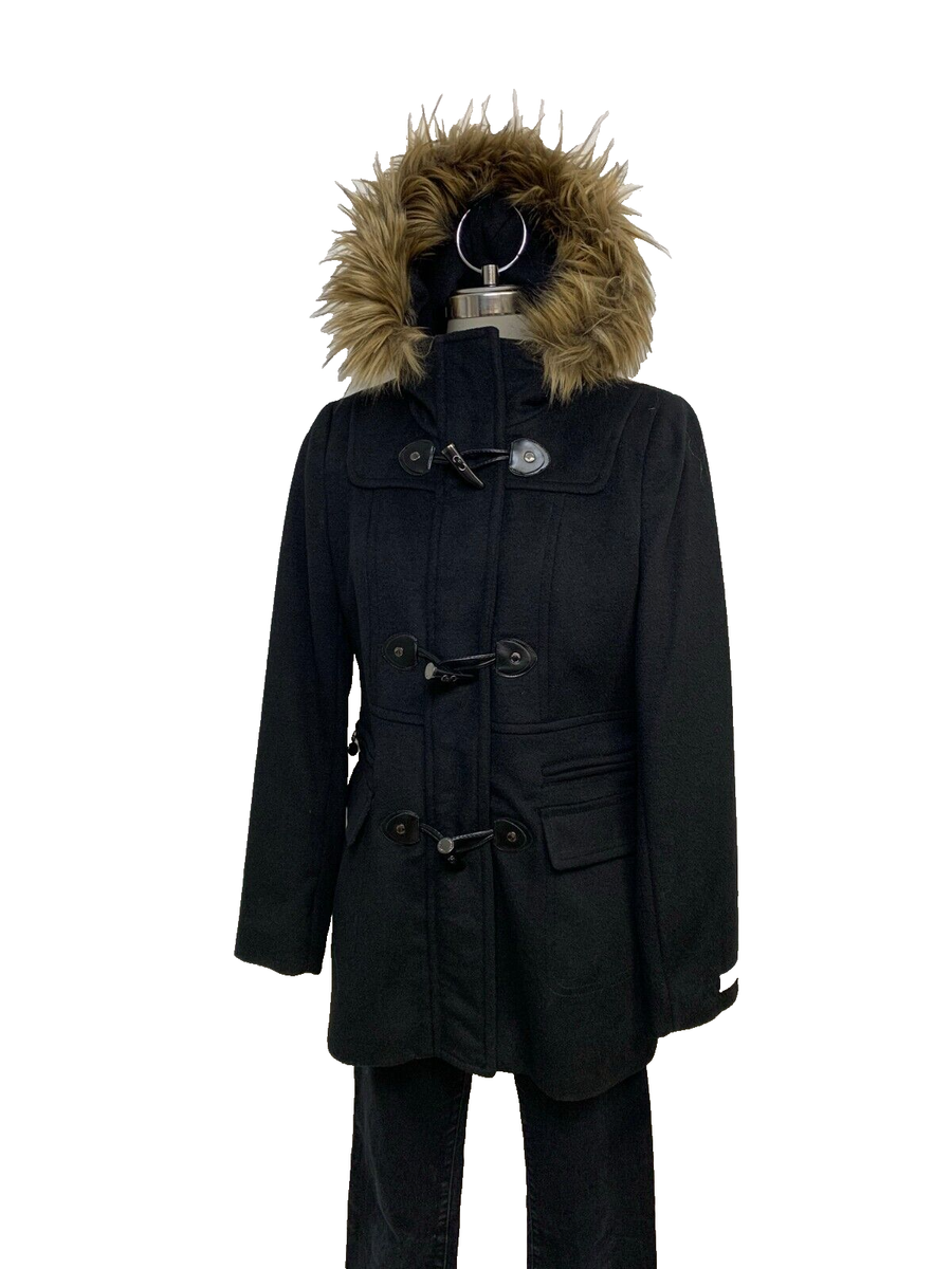 Calvin Klein Black Faux Fur Hood Wool Blend Toggle Coat Quilted