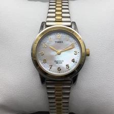 Timex Watch Women TW2P67200 26mm Silver Gold Tone MOP Dial Stretch Band