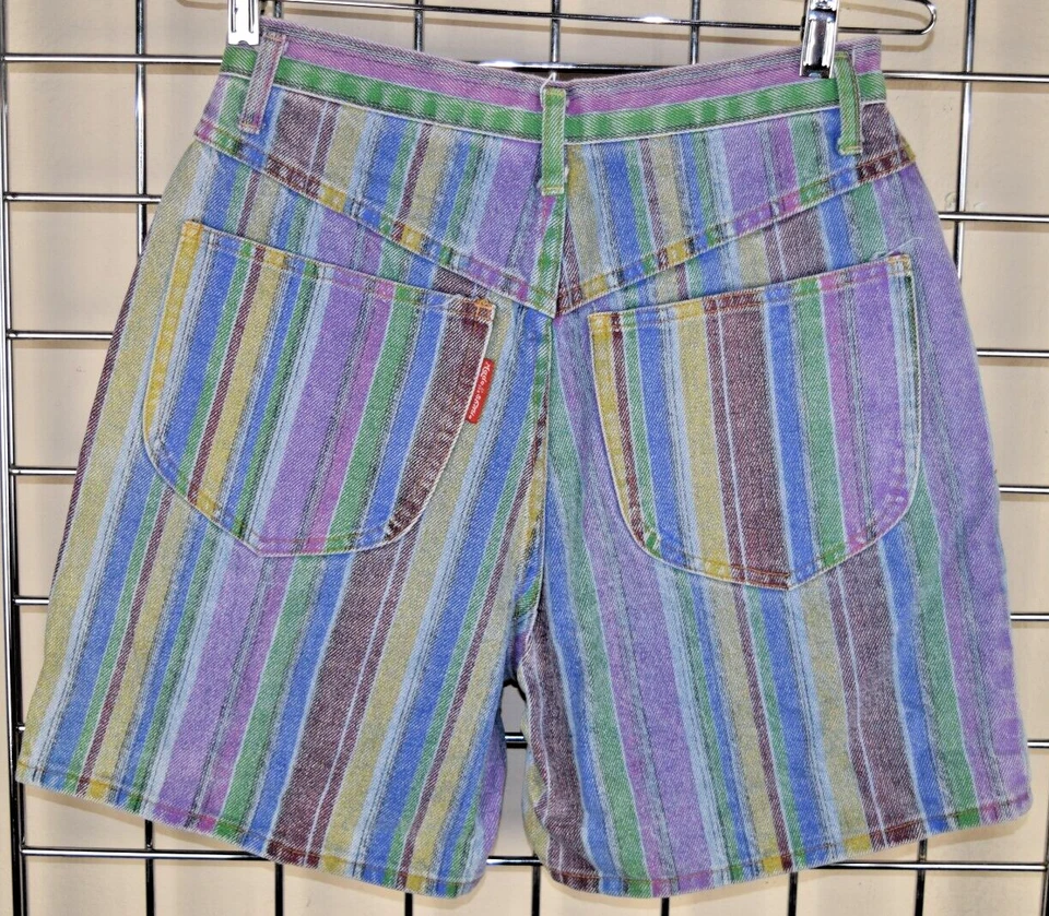 Pantalones Cortos Denim Vintage Hechos a la Sombra Talla S/M Años 80 Morado Verde Granate Rayas Foto 2 de 4