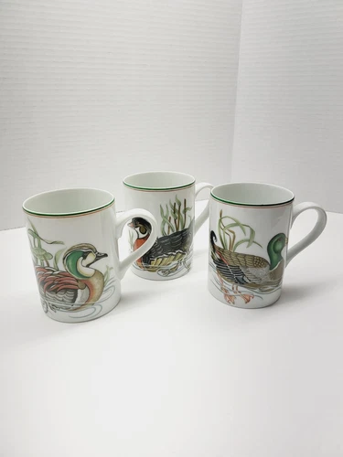 3 Vintage Fitz & Floyd Canard Sauvage Duck Mugs Green & Orange Rim White 3 7/8"