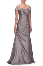 La Femme Off-the-Shoulder Ruched Satin Gown Sz 16 Platinum