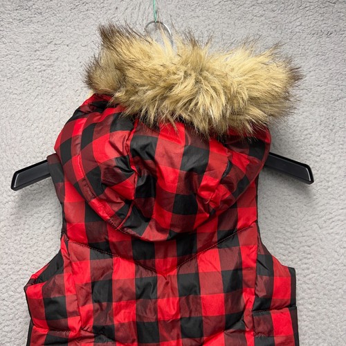 Gap Kids Down Vest Jacket Girls Medium Red Black Plaid Full Zip Faux Fur Trim - Picture 8 of 11