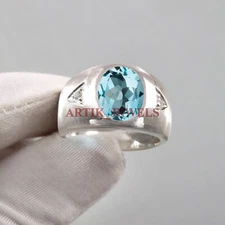 Natural Blue Topaz Gemstone with 925 Sterling Silver Ring for Men's #5146