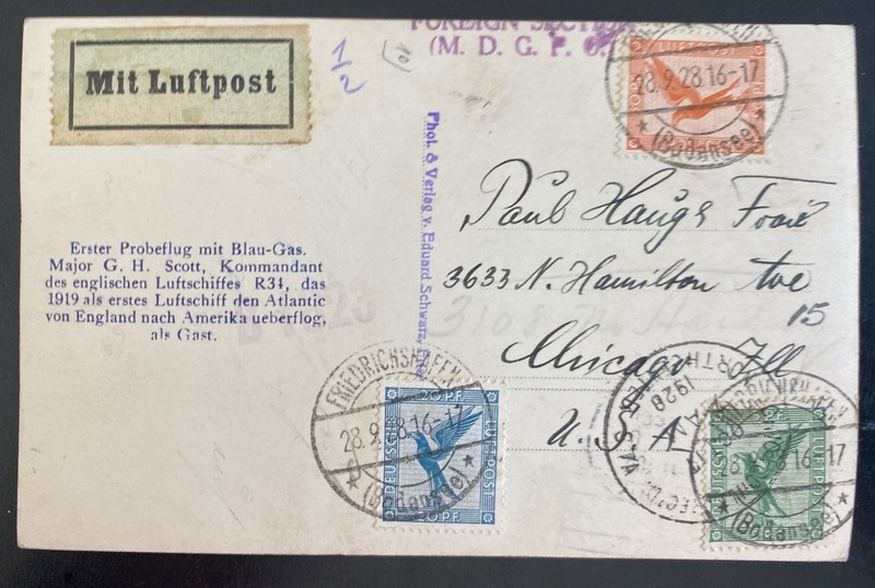 1928 Germany Graf Zeppelin LZ 127 RPPC Postcard Cover to Chicago iL USA