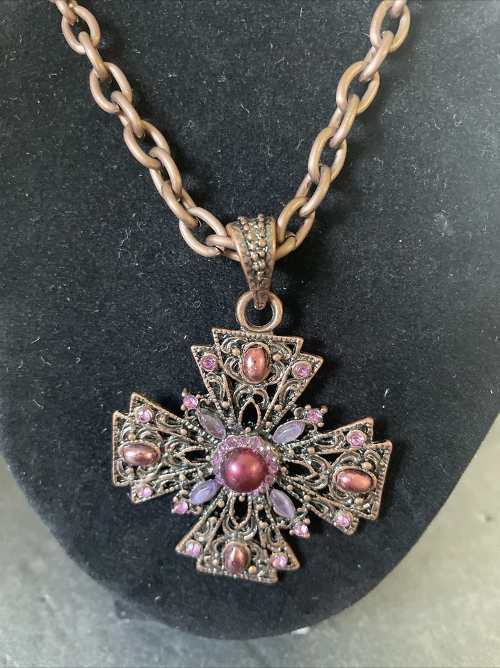 "Collar Cookie Lee púrpura rosa imitación perlas cristales cruz colgante 36""" Foto 2 de 4