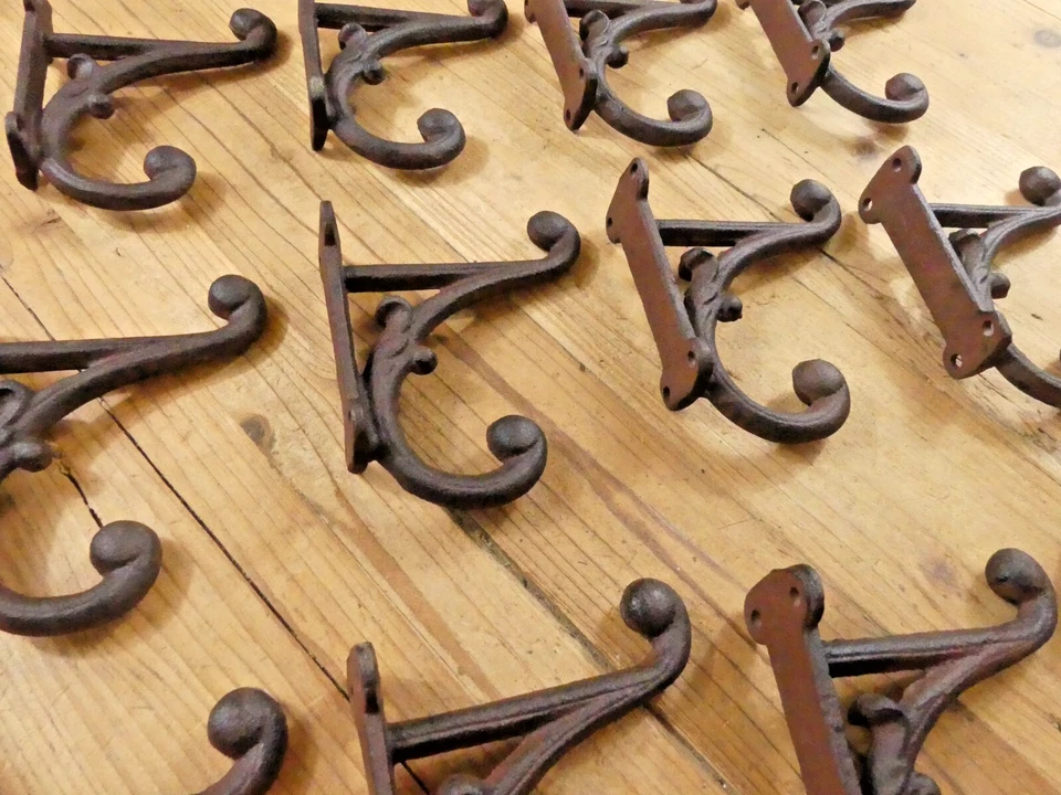 12 GANCHOS RÚSTICOS ESTILO ANTIGUO HIERRO FUNDIDO 4.5" PARED DOBLE RESTAURACIÓN MARRÓN Foto 2 de 4