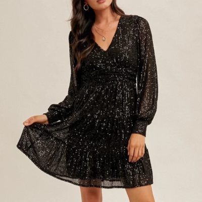 Black Metallic Sparkling Sequin Long Sleeve Tiered Holiday Cocktail Dress |  eBay