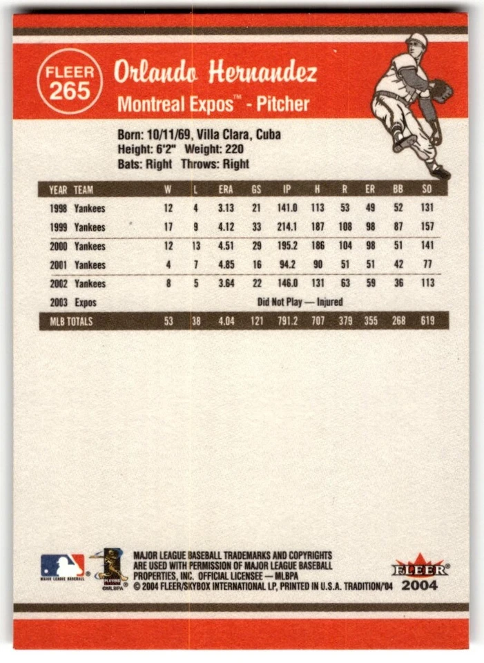2004 Fleer Tradition Orlando Hernandez #265 Montreal Expos - Image 2 of 2