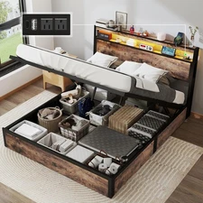 Queen Size Lift-up Storage Bed Frame with Bookcase Headboard & Charging Station