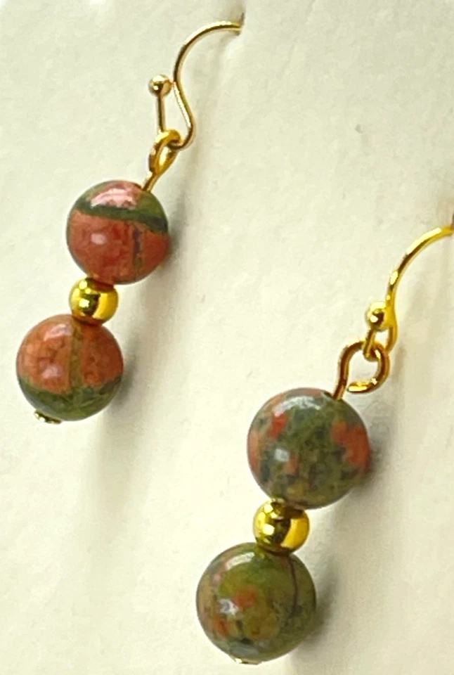 Earrings Gold Tone Hooks w/ Green & Orange Polished Unakite Crystals Drop = 1" - Image 3 of 4