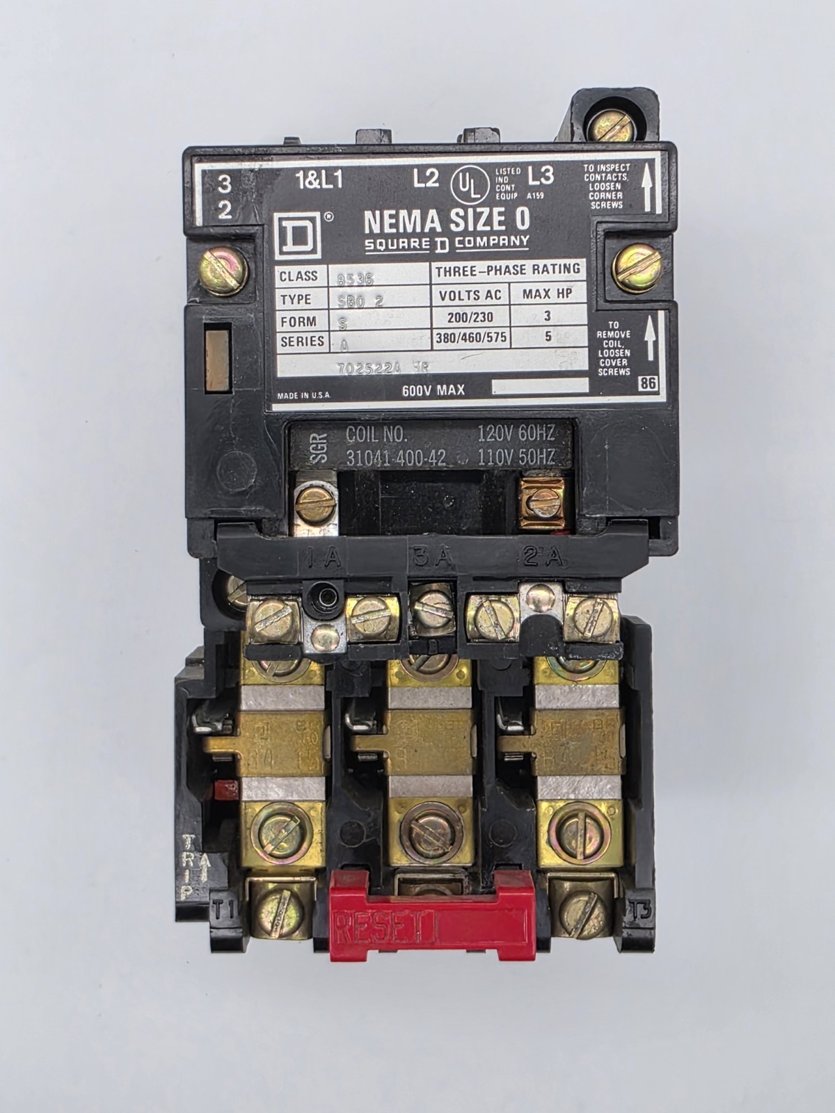 Square D Nema Size 0 Class 8536, Type SB0-2, 600V 120V Coil  Good Condition