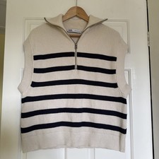 Zara Ivory & Navy Striped Sleeveless Zip Neck Jumper Size M Excellent Condition