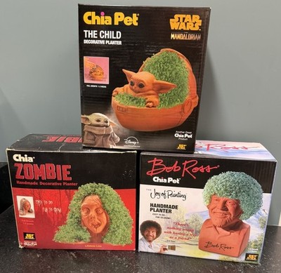 Lot of 3 Chia Pets Bob Ross Grogu The Child Zombie Planters Complete Open Box