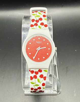 Swatch Quartz Analog Wristwatch Red Dial White Cherry Print Plastic Strap