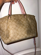 Coach Signature Canvas Leather Satchel Beige Pink Zip Top Detachable Strap