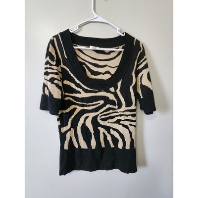 Cache Sweater Size Large Women Gold Metallic Zebra Print Scoop Neck Knit Sweater