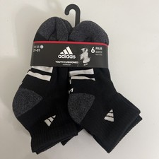 6 Pair Adidas Youth Cushioned Quarter Aeroready Black White Socks Size M 2Y-5Y