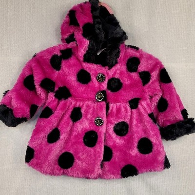 Piper Baby Faux Fur Polka Dot Hooded Coat 18M Pink Black Soft Warm