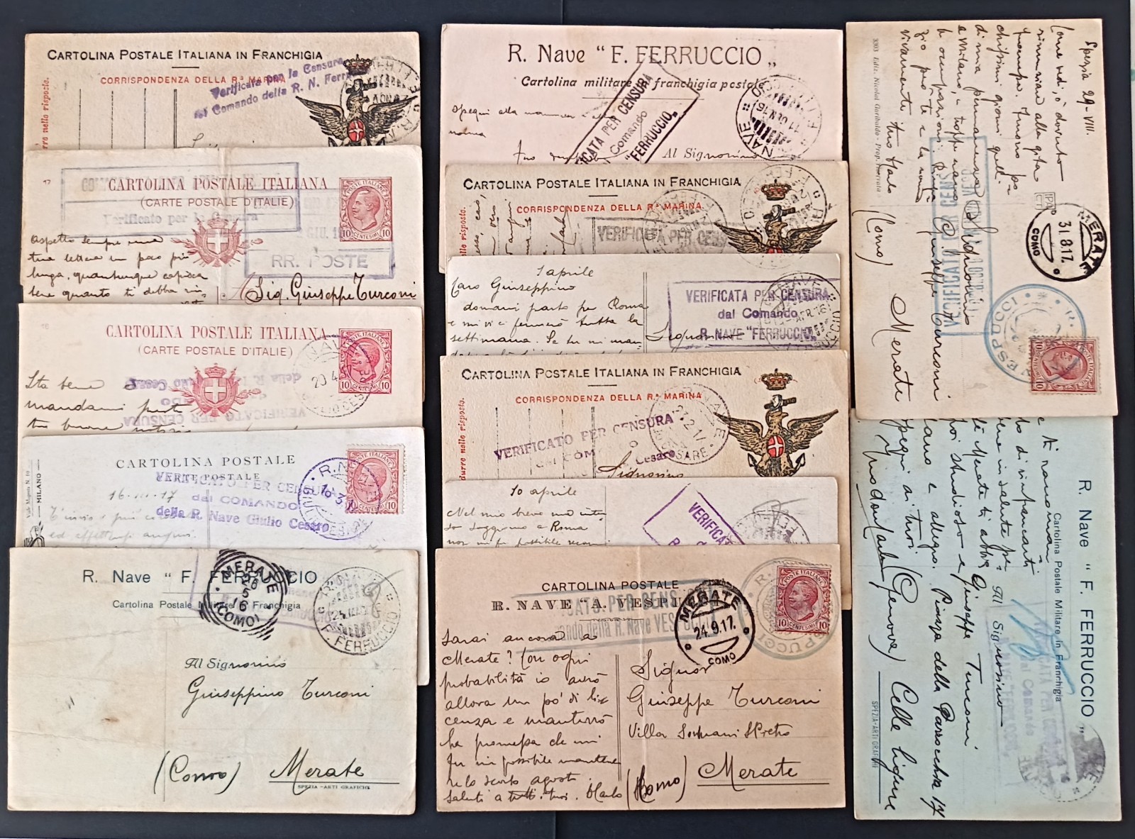 LOTTO 13 CARTOLINE NAVI MARINA MILITARE 1 GUERRA MONDIALE TIMBRI MERATE RARE