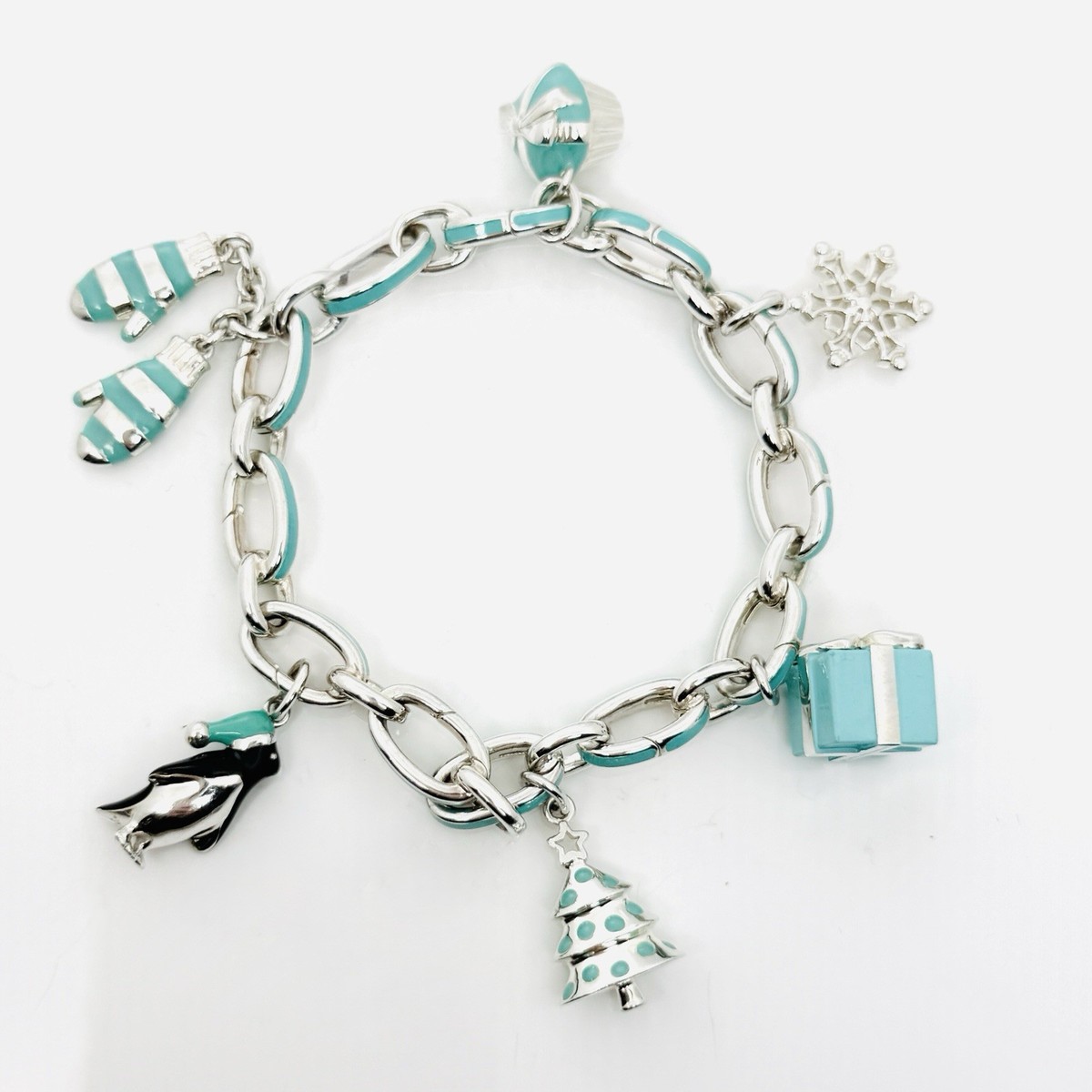 Tiffany Christmas Charm Bracelet Blue Enamel Tree, Mittens