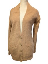 Cardigan Moda International donna angora pelo di coniglio cammello 1/2 bottoni tasche sm