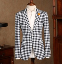 Black White Check Plaid Summer Mens Suits 2 Button Sports Blazer Jacket Custom