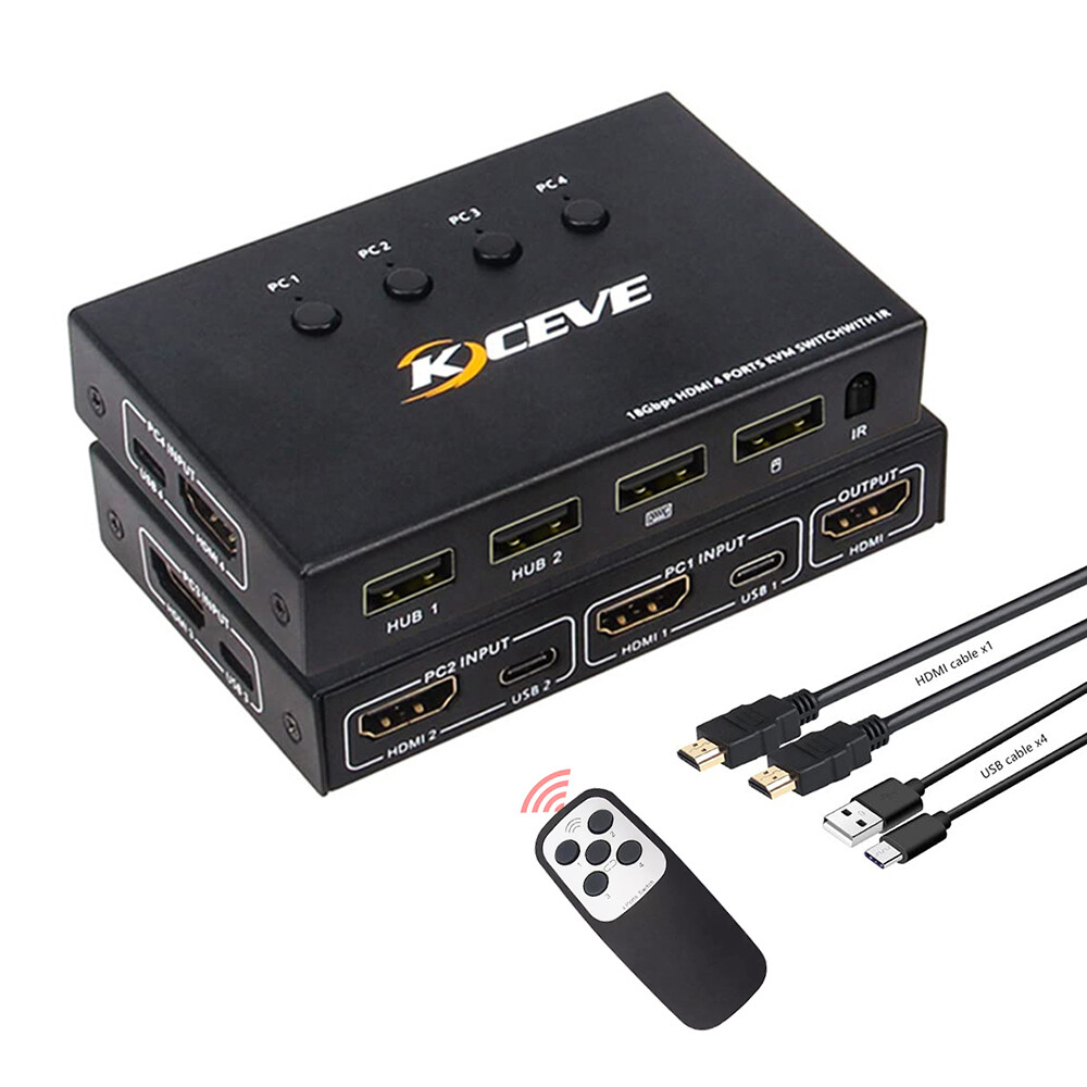 HDMI KVM Switch Dual Monitor 4K@60Hz USB KVM Switcher 4 Port for 2 Computers