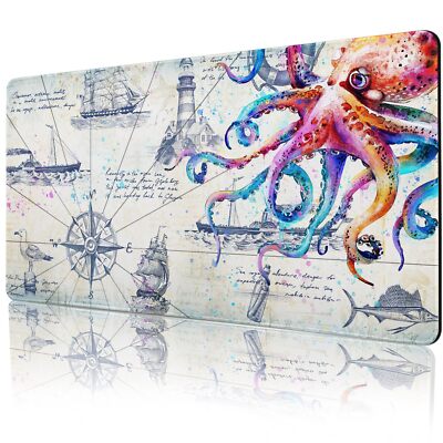 Grey Octopus Gaming Desk Mat Cool Non-Slip Computer Pad for Men 35.4''x15.7''