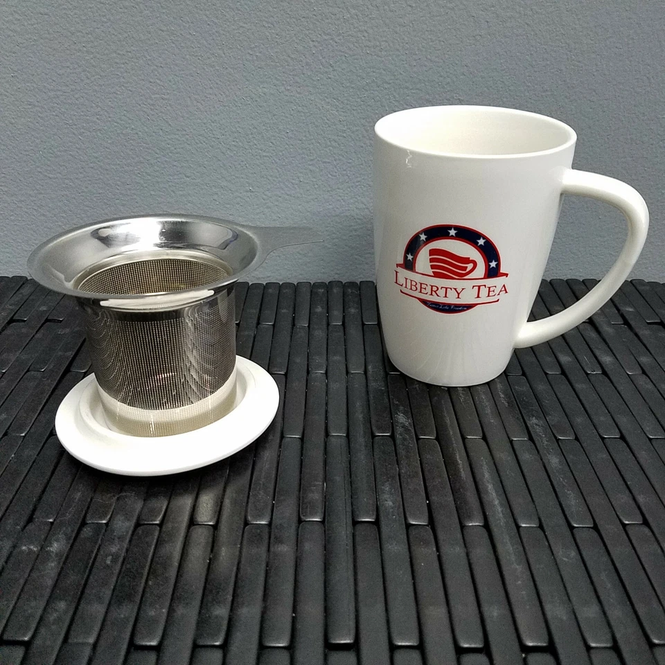 BRAND NEW Liberty Tea Tall 15 Oz Tea Mug Cup with Infuser and Lid - White Curve - Image 3 of 3