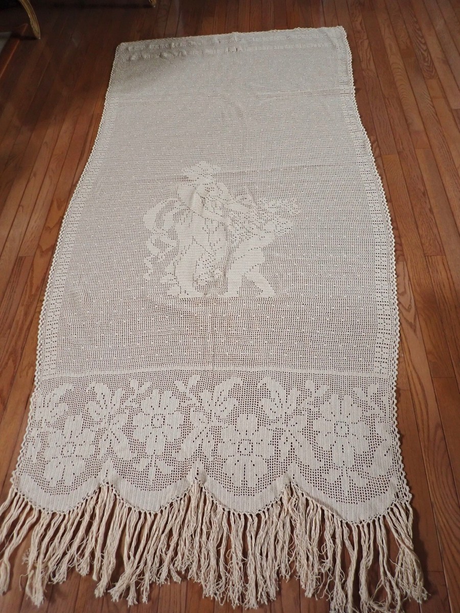 Vintage Italian Hand Crochet Filet Lace Curtain Panels Pair Cupid
