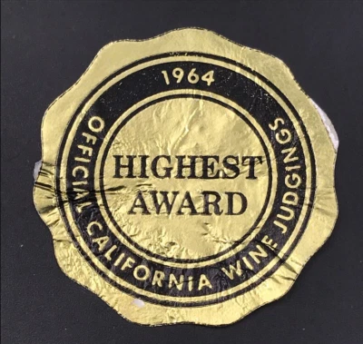 1964 Highest Award Official California Wine Judging Gold Foil Bottle Label 1.5" - Image 1 of 2