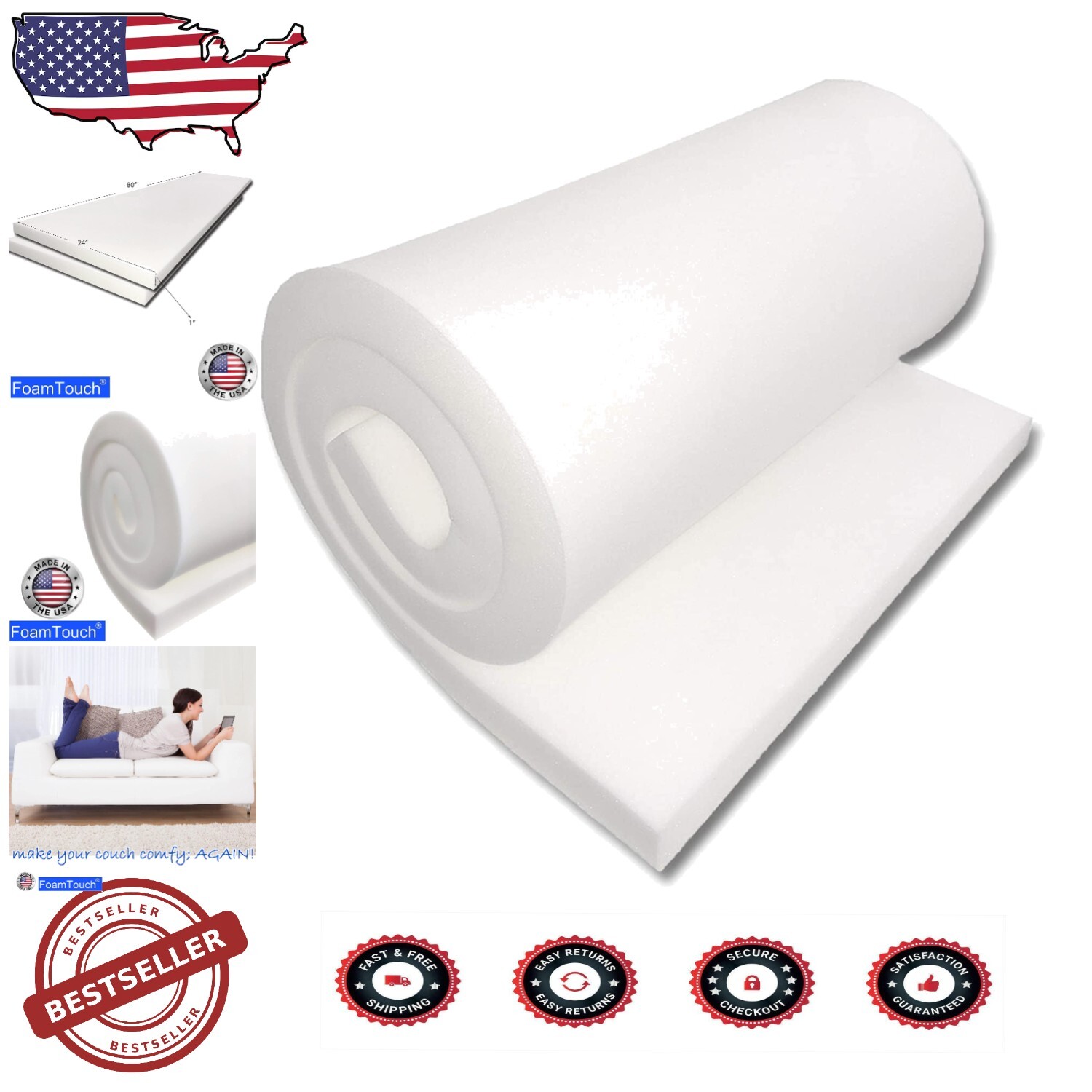 Versatile 2 Pack High Density Upholstery Foam 1x24x80 - Perfect for DIY Projects