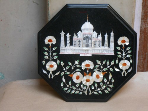 12" Black Marble Coffee Side Table Top Mosaic Taj Mahal Inlay Work antique - Picture 2 of 4