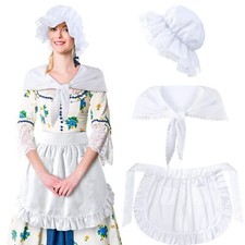 3 Pieces Colonial Costume Set White Mob Cap Bonnet Shawl Waist Apron Pilgrim ...