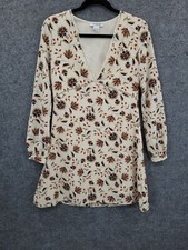 Glamorous Dress Womens Small Long Sleeve V-Neck Lined Lightweight Beige Floral