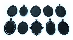 10 Mixed Goth Emo Black Metallic 40mm x 30mm CAMEO PENDANTS Frames Settings LOT