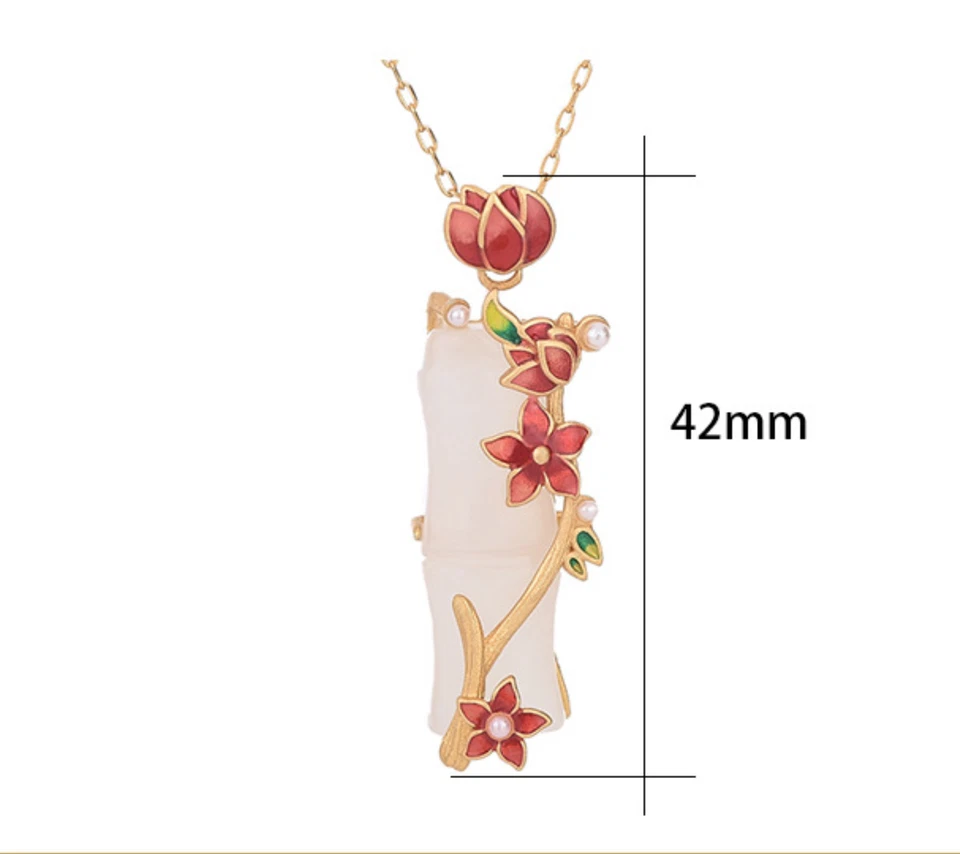 Нефрит подвеска ожерелье эмаль подвеска 18K золото покрытием цепочка бамбука изящный драгоценный камень - Изображение 4 из 4