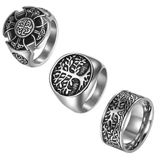 3Pcs Men's Viking Vegvisir Rings Vintage Nordic Stainless Steel Talisman Ring