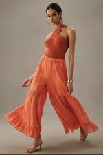 NWT Anthropologie Wide Leg Pants MSRP 220 Ruffle DetailElastic Waist Sz Large