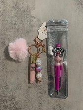 Handmade "Scrub Life" Beaded Pen  Lip Gloss Pom-Pom Keychain Gift Sets