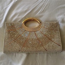 Gold Rhinestone Clutch Evening Bag with Handles and Removable Chain Strap Purse