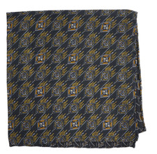NWOT Italo Ferretti Satin Black w Brown Geo Silk Pocket Square Italy 14"