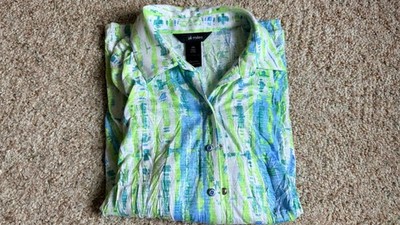 Ali Miles Abstract Button-Front Collared Blouse Blue Green  3/4 Sleeve PM