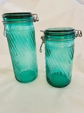 Set 2 Vintage Teal Turquoise Aqua Green SPIRAL Hinged Wire Bail Jars Canister