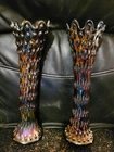 2 Pair Vintage Fenton Rustic Hobnail Carnival Glass Swung Vase Cobalt Blue Base